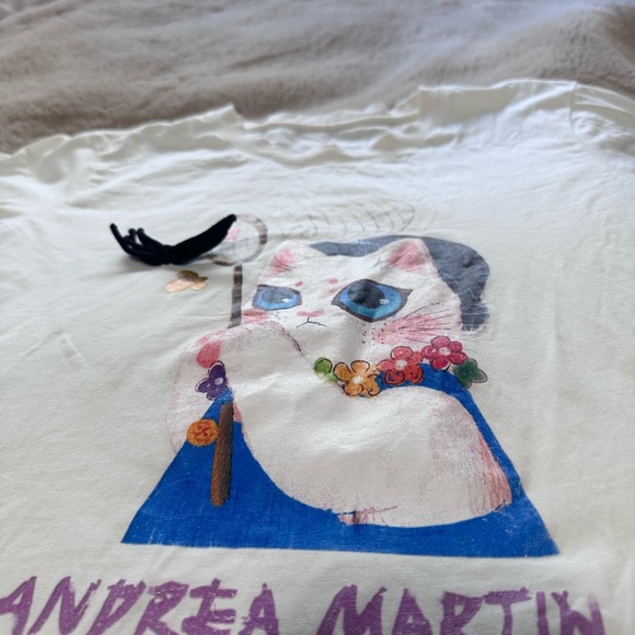 Andrea Martin Designer Kitty Cat Cream Short Sleeve Tee with Cartoon Graphic S - Picture 2 of 3